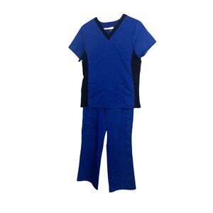 Scrubstar Womens Blue & Black V-Neck Scrub Set  M Polyester Blend Stretch Pocket